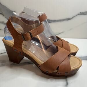 Lucky Brand Women's Brown Leather Haidlee Sandals Sz 7.5 Block Heel Studs Boho